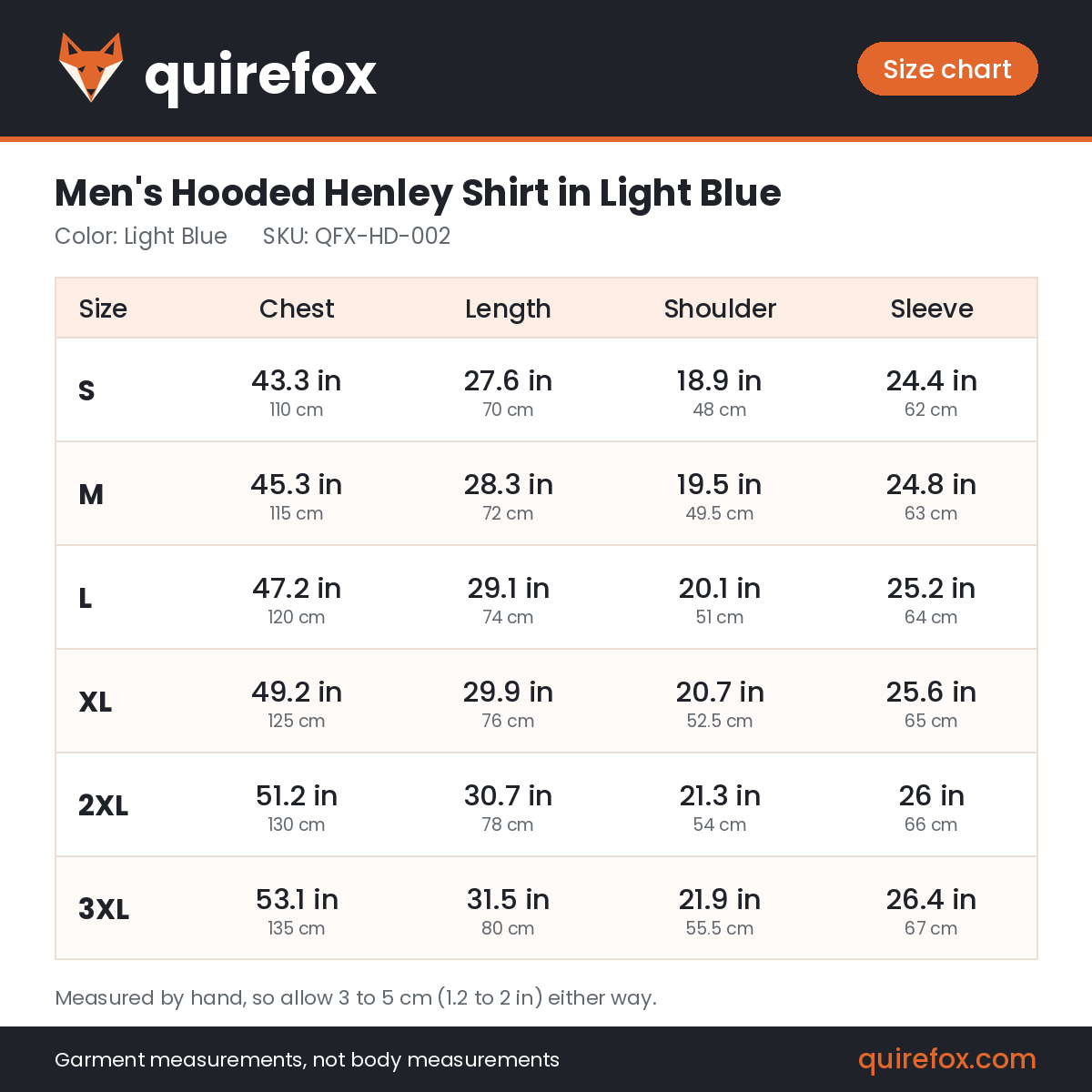 Quirefox size chart for QFX-HD-002