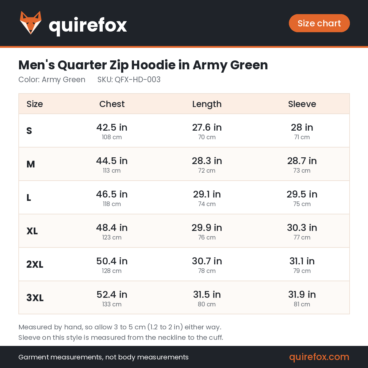 Quirefox size chart for QFX-HD-003