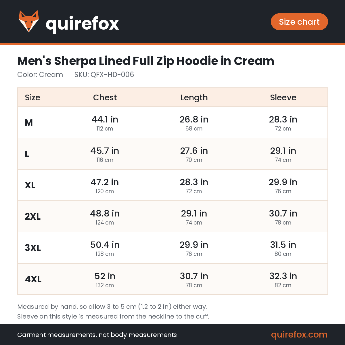 Quirefox size chart for QFX-HD-006