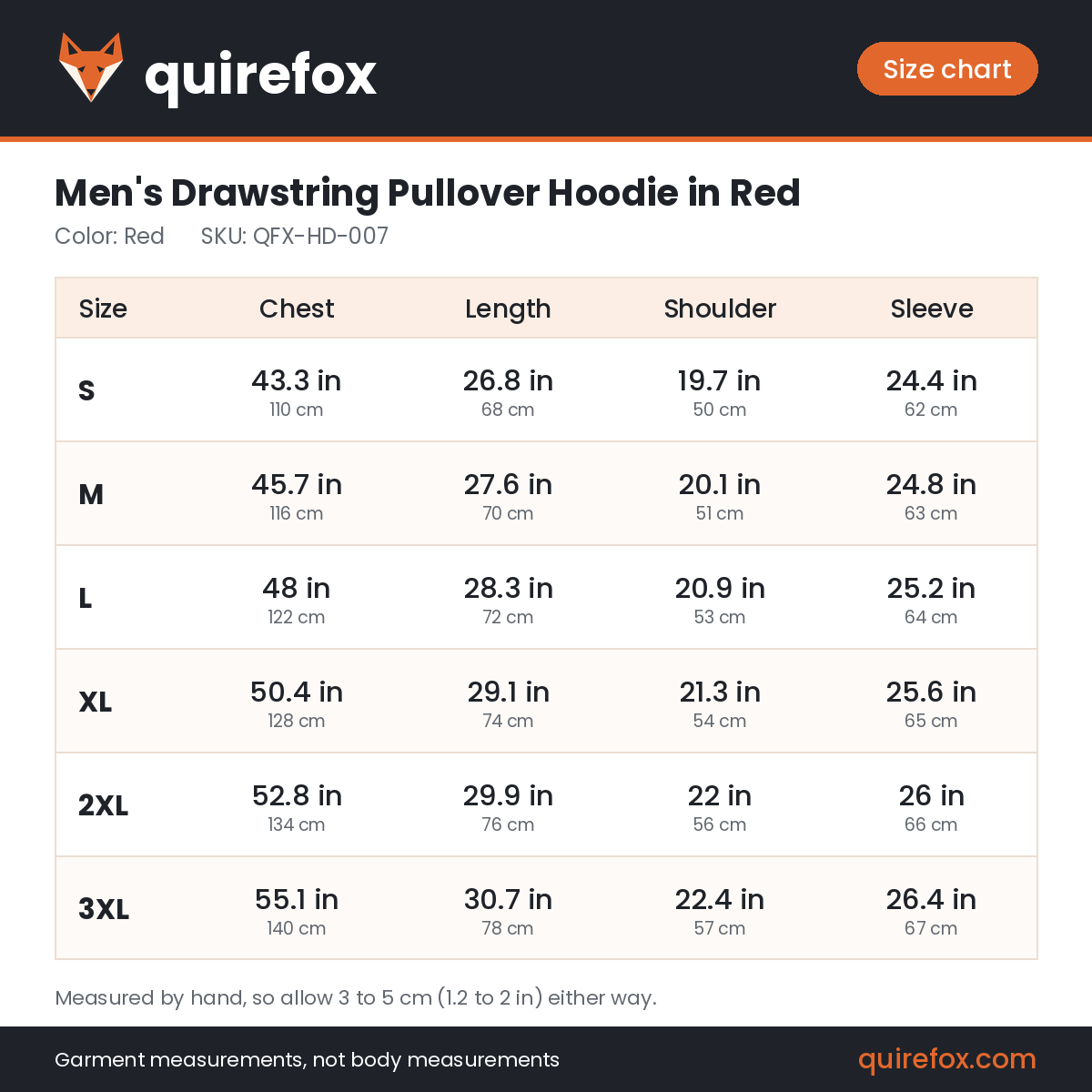 Quirefox size chart for QFX-HD-007