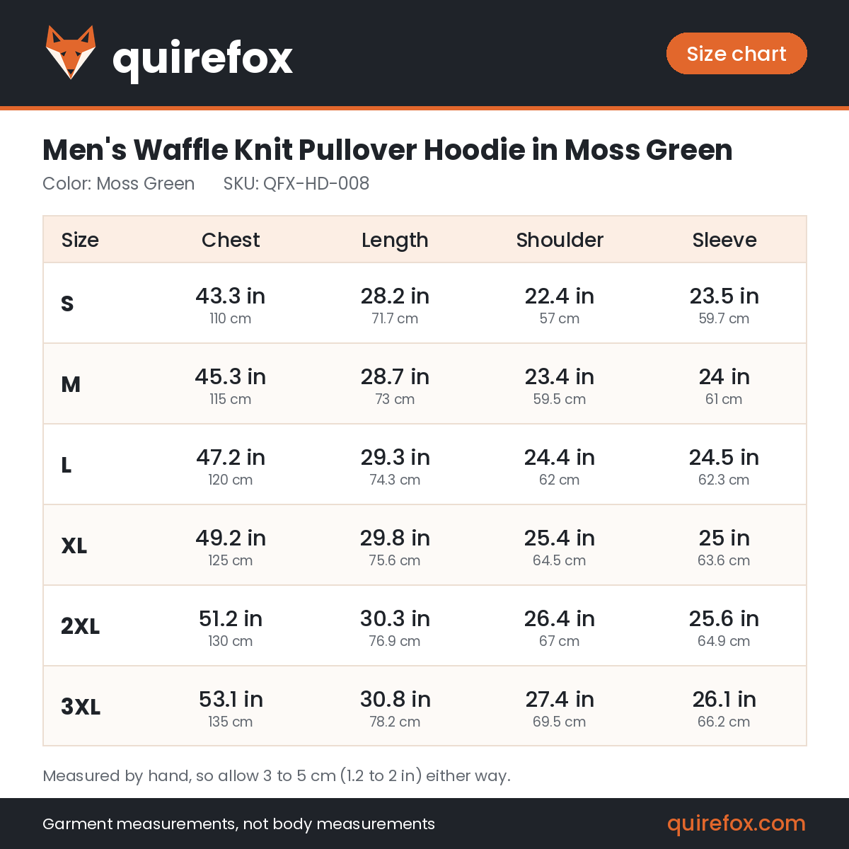 Quirefox size chart for QFX-HD-008