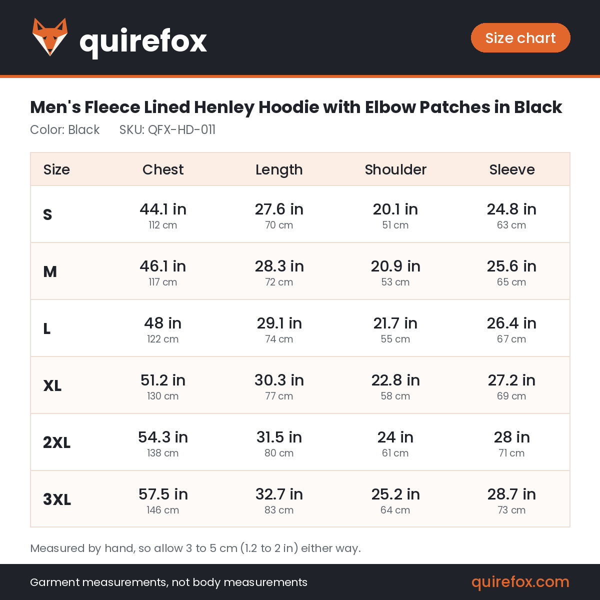 Quirefox size chart for QFX-HD-011