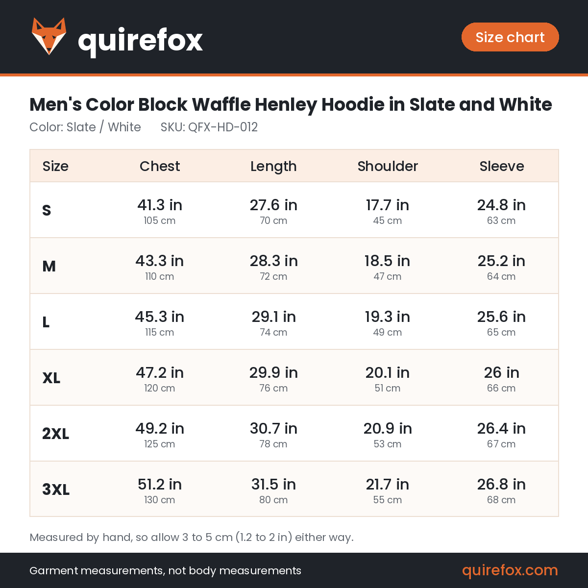 Quirefox size chart for QFX-HD-012