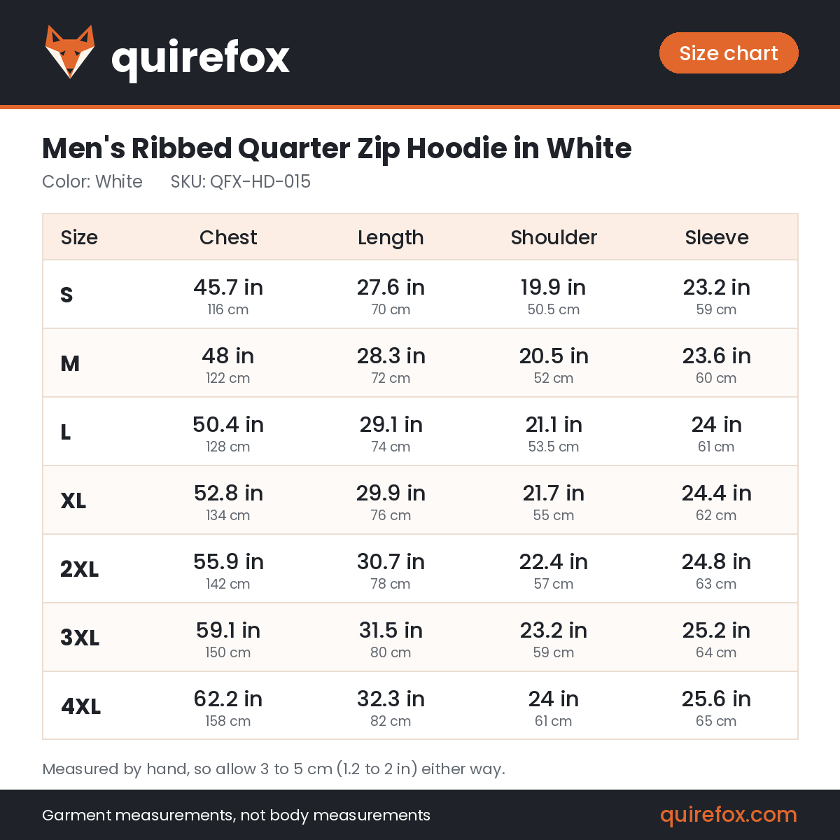 Quirefox size chart for QFX-HD-015