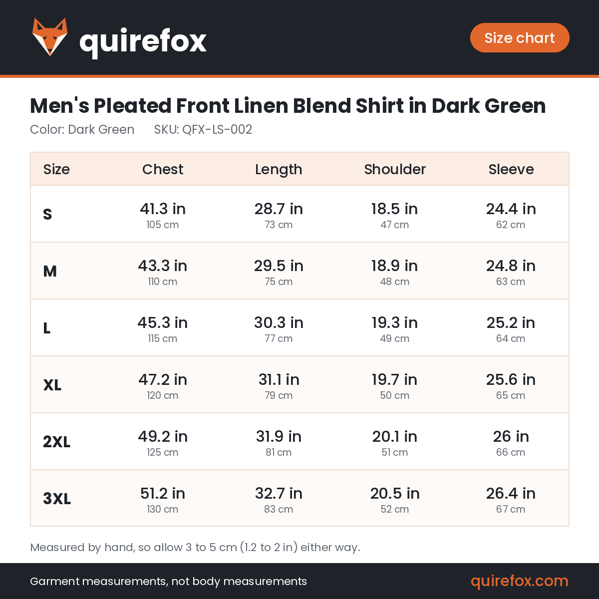 Quirefox size chart for QFX-LS-002