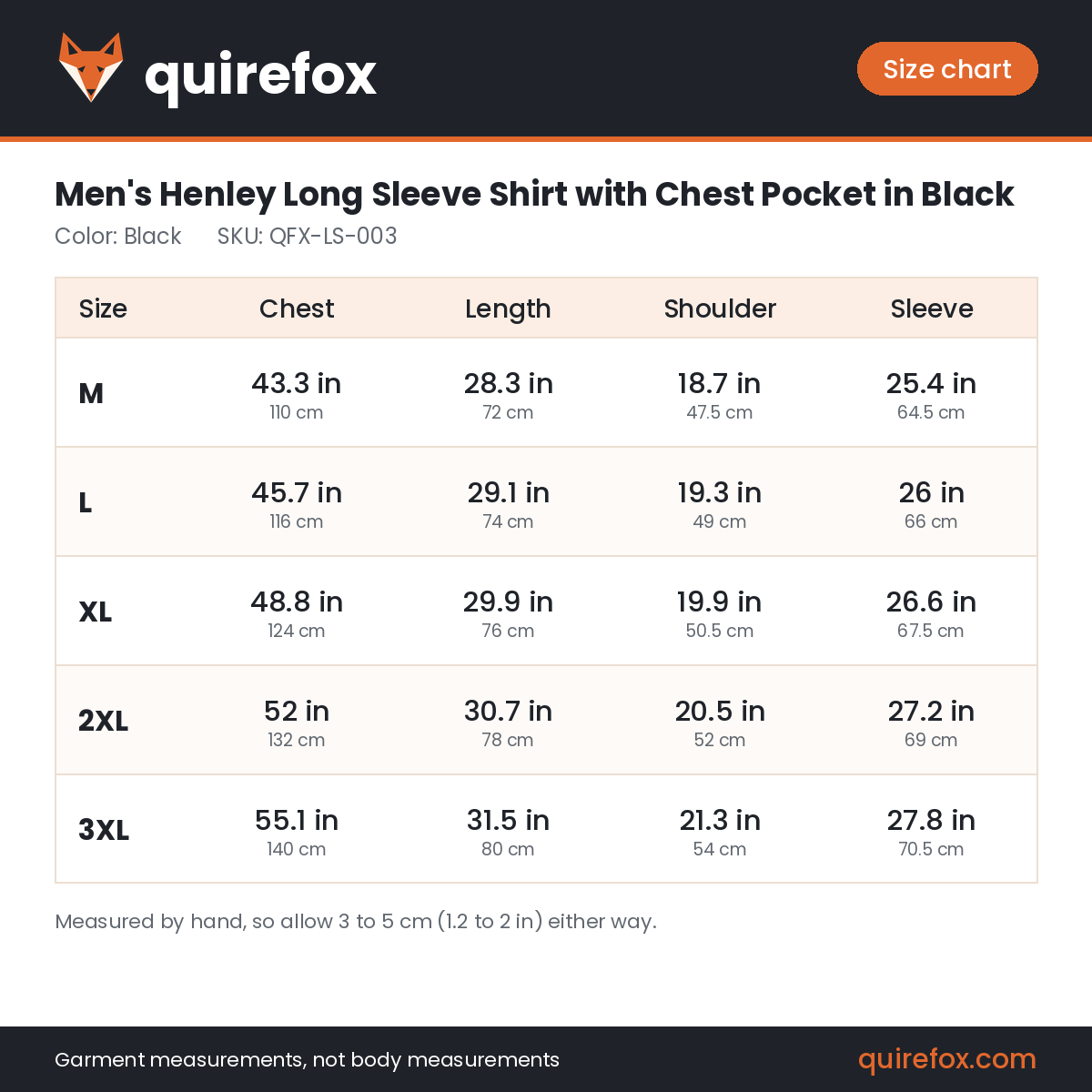 Quirefox size chart for QFX-LS-003
