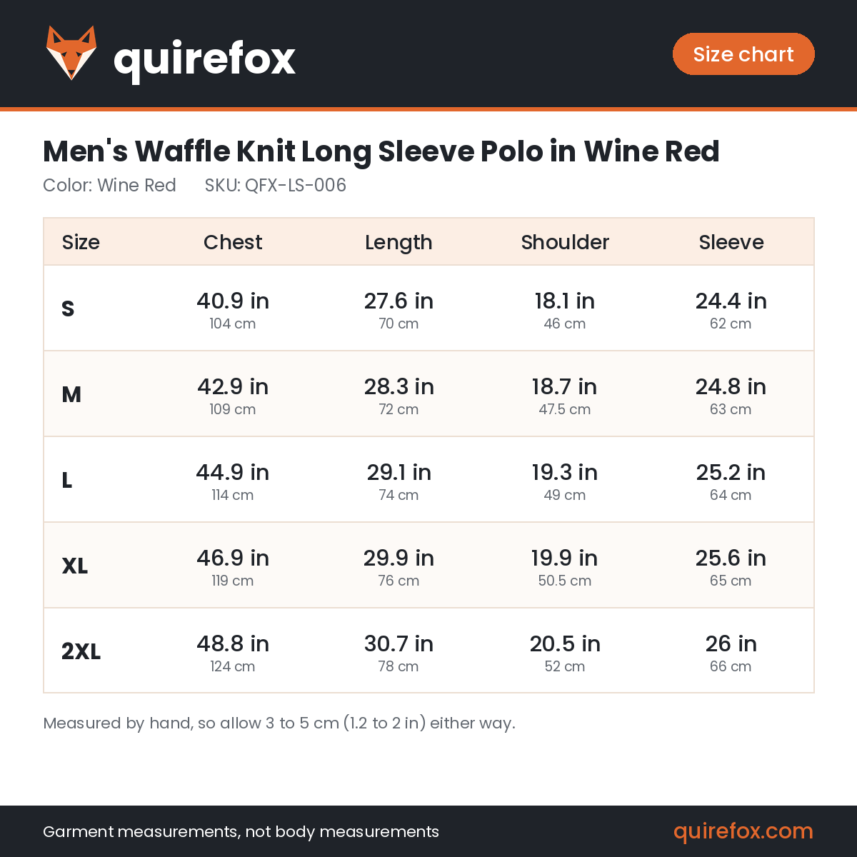 Quirefox size chart for QFX-LS-006