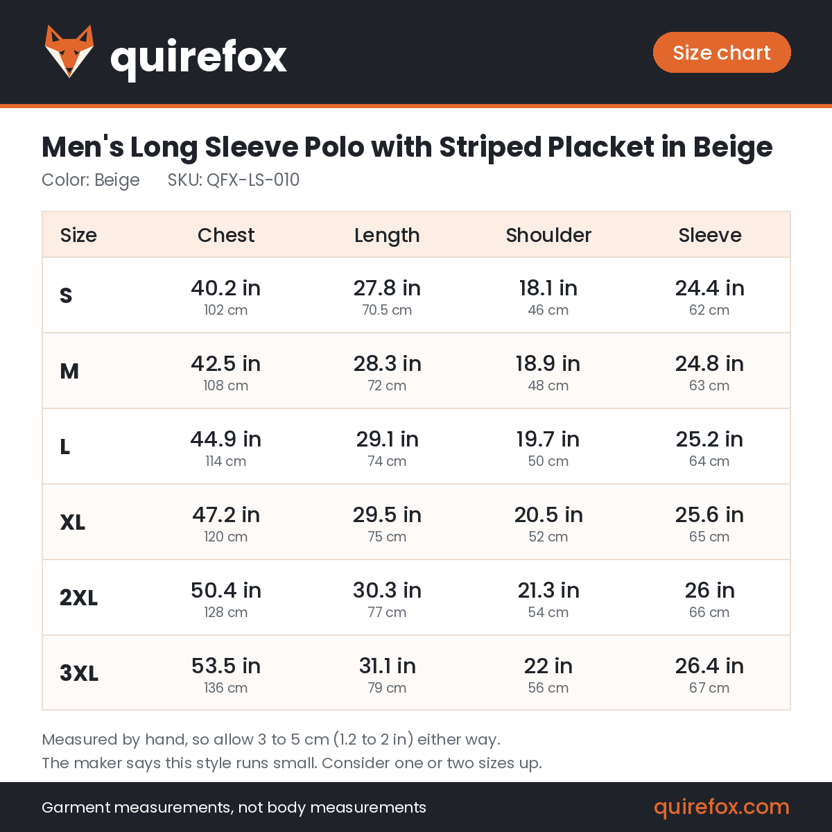 Quirefox size chart for QFX-LS-010