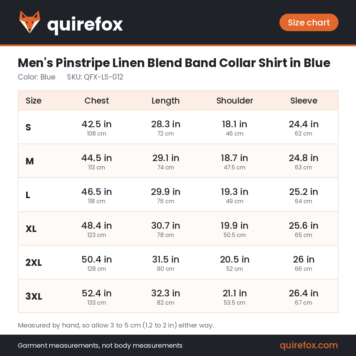 Quirefox size chart for QFX-LS-012