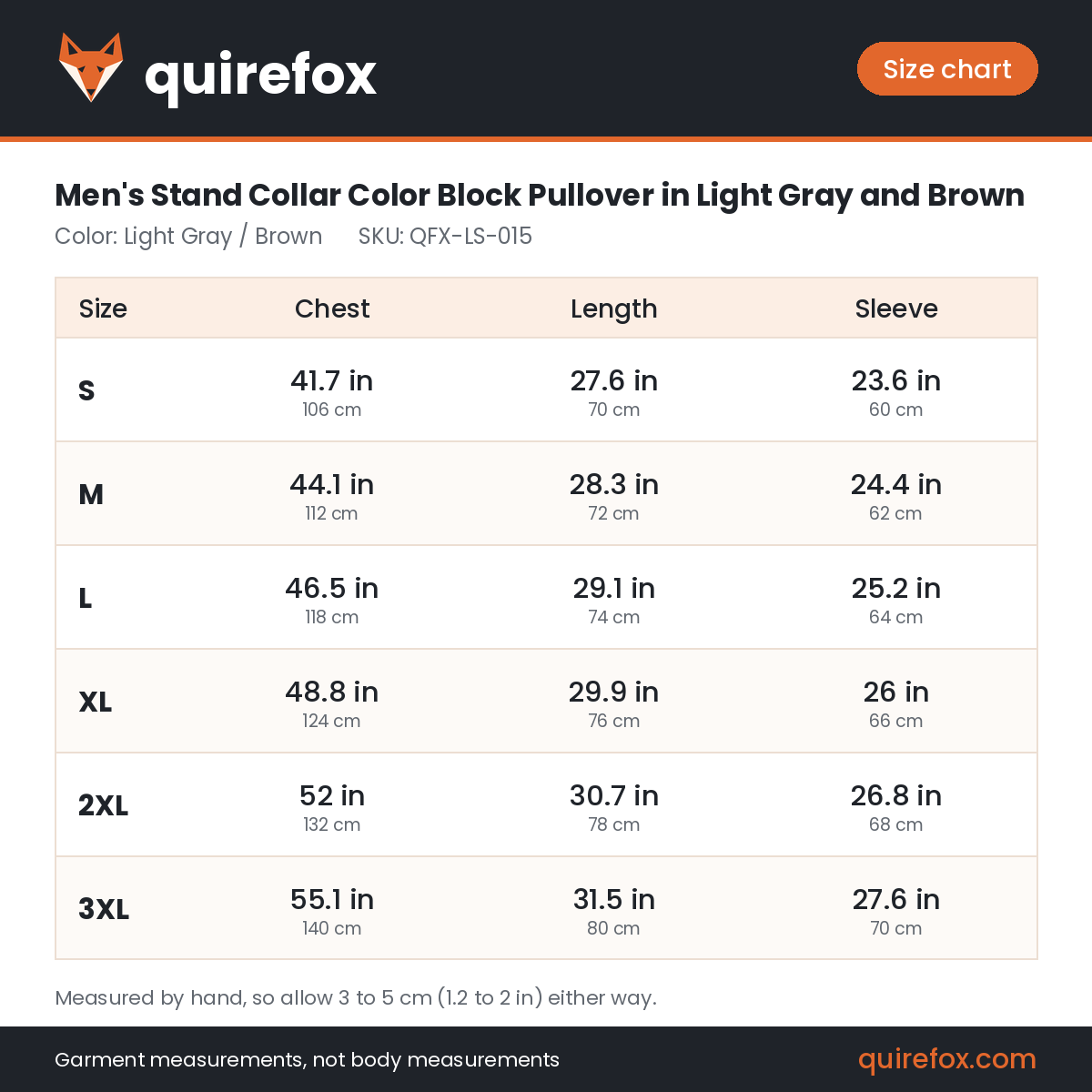 Quirefox size chart for QFX-LS-015