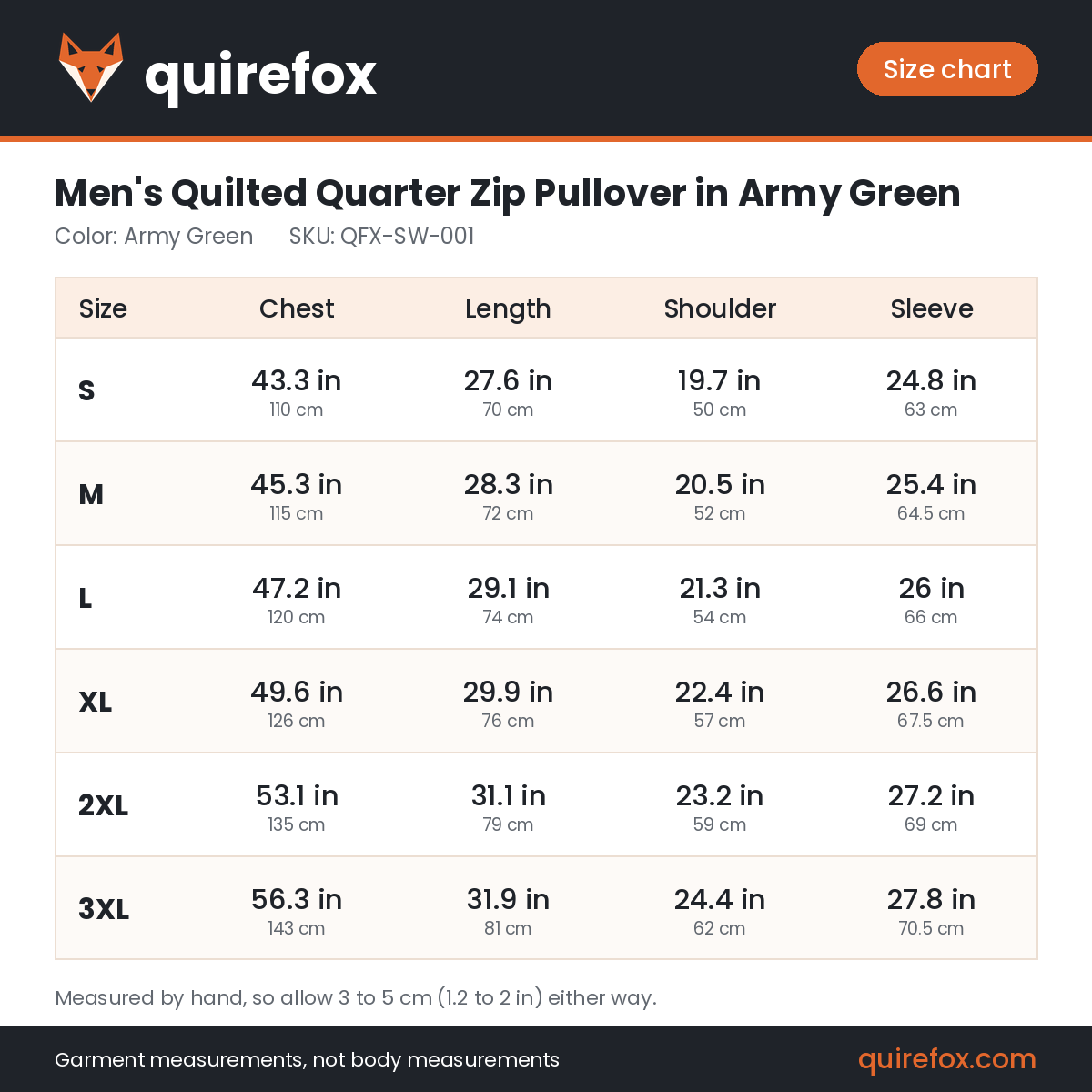 Quirefox size chart for QFX-SW-001