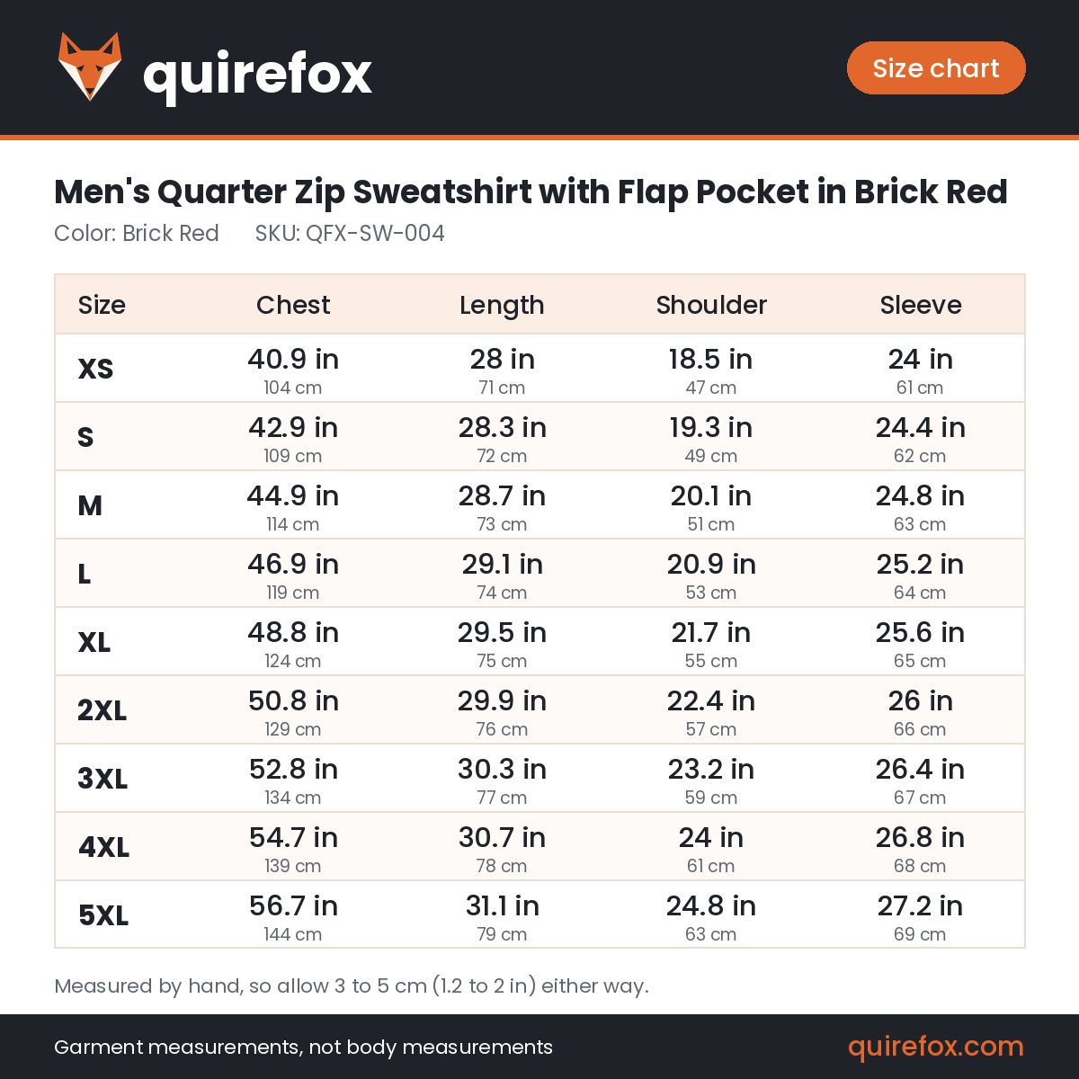 Quirefox size chart for QFX-SW-004