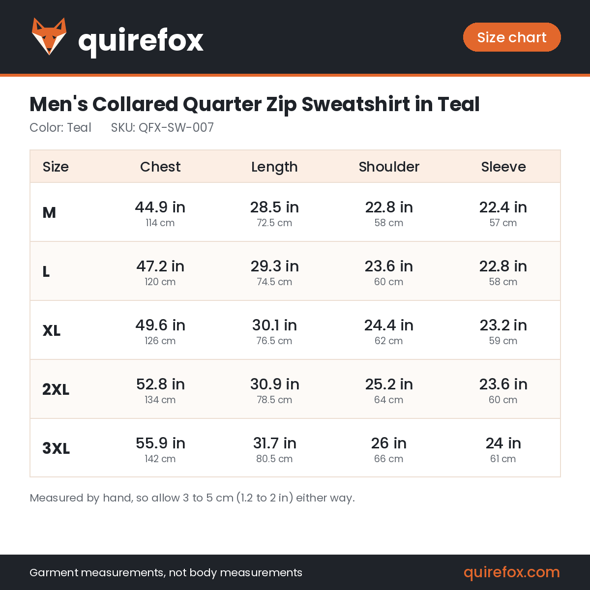 Quirefox size chart for QFX-SW-007
