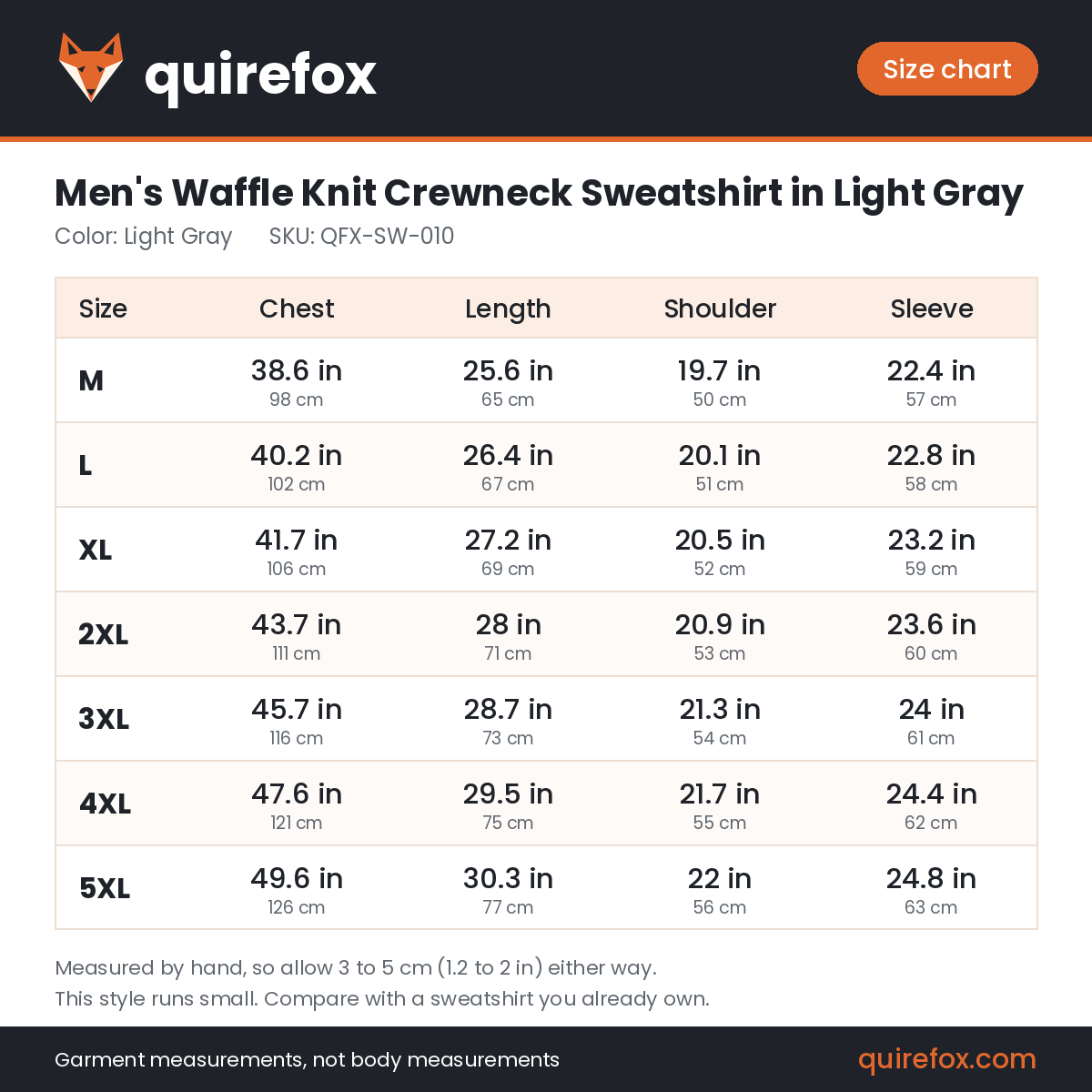 Quirefox size chart for QFX-SW-010