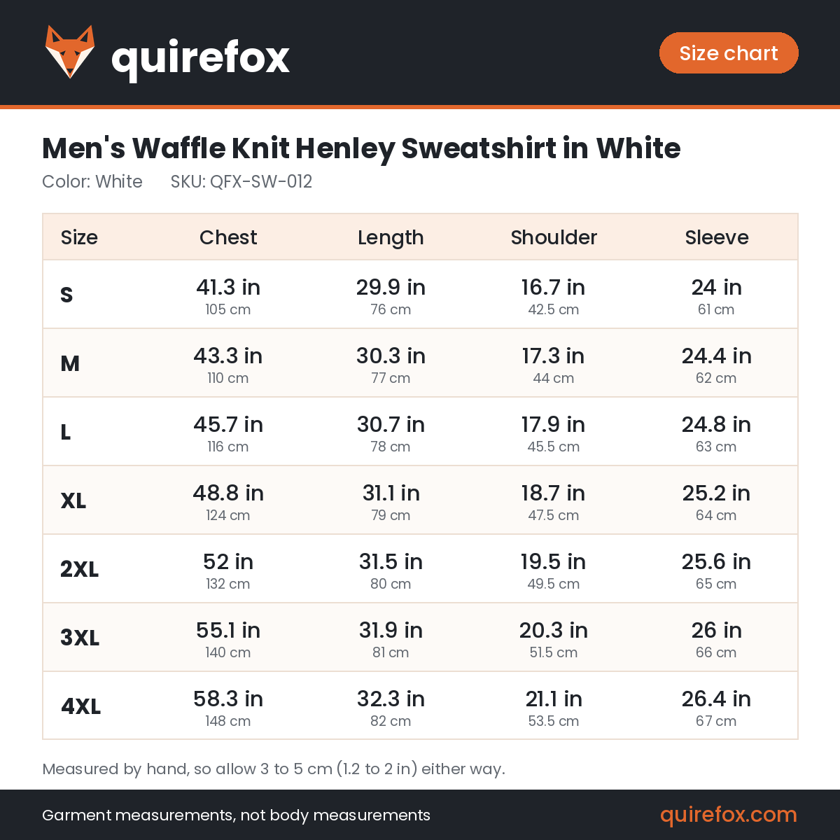 Quirefox size chart for QFX-SW-012