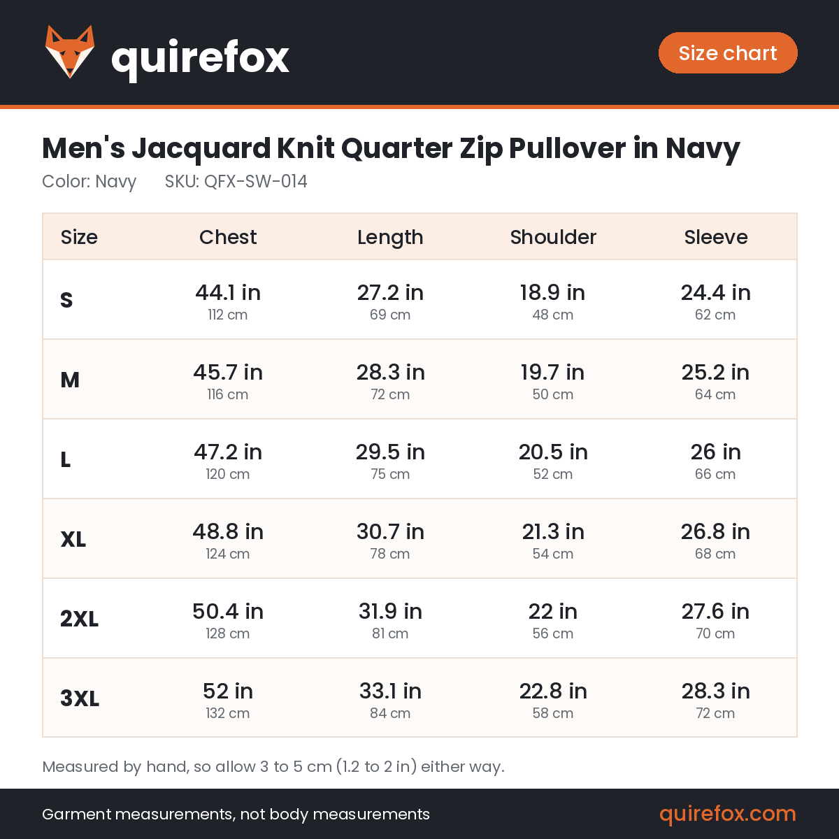 Quirefox size chart for QFX-SW-014