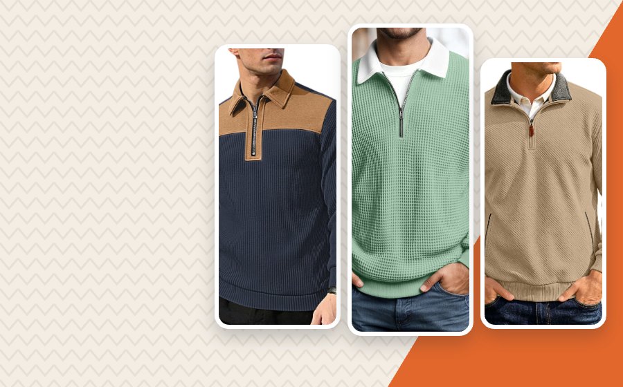 Quirefox sweatshirts in navy corduroy, sage green waffle knit and khaki rib